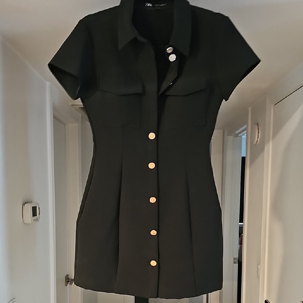 Zara Black Button-Down Shirt with Gold Accents XS